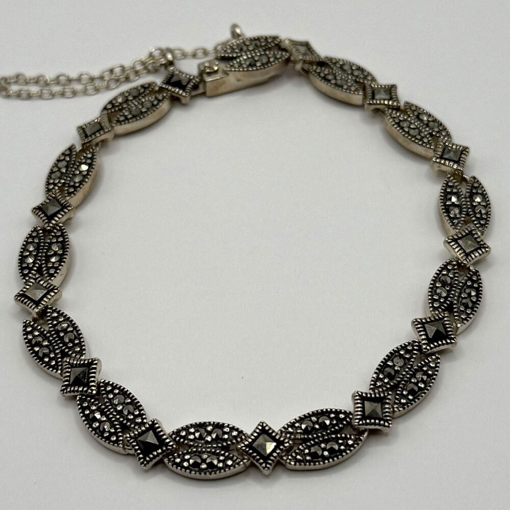 Vintage Sterling Silver & Marcasite & CZ Link Bracelet – 7” – 925 Hallmarked 19g